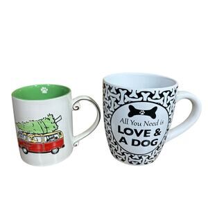Set of 2 Dog Lover Mugs Large All You Need is Love & Christmas Dogs in Van